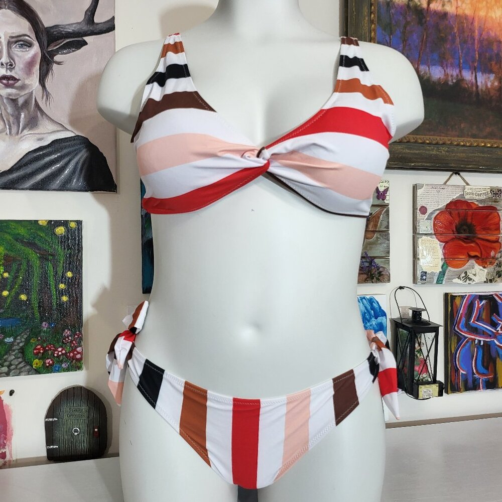 2000s Y2K Solid/Striped Lipstick Tied Bikini Top & Bottom Set Womens Sz 3XL NWOT